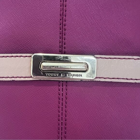 Tommy Hilfiger Leather Purse Magenta Cranberry Tan Double Handle Bag - Picture 3 of 13